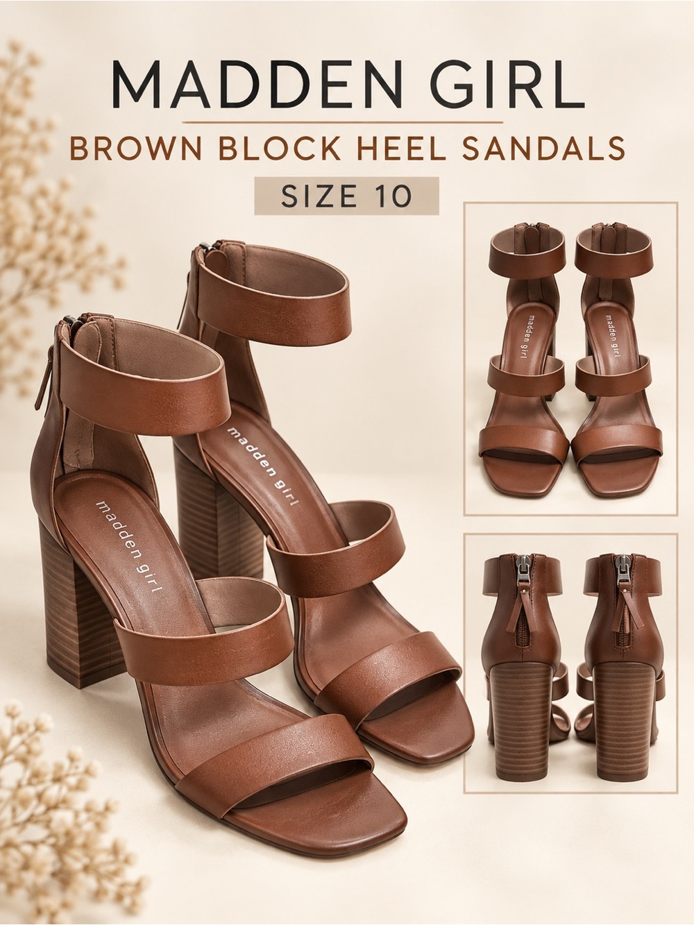 Madden Girl Tan Brown Triple-Strap Block Heel Sandals